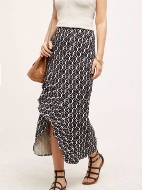 Maeve Makara Blue Motif Midi Ribbed Knit Sweater Wrap Skirt Asymmetrical Ruffle